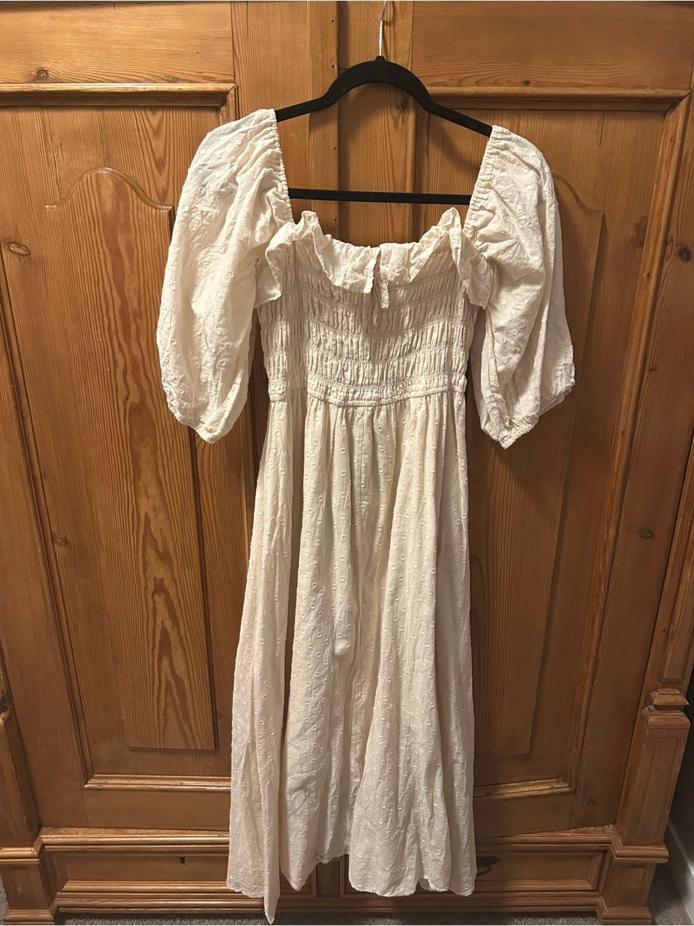 Peasant Cream Eyelet Midi Dress with Smocked Bodice and Puff Sleeves